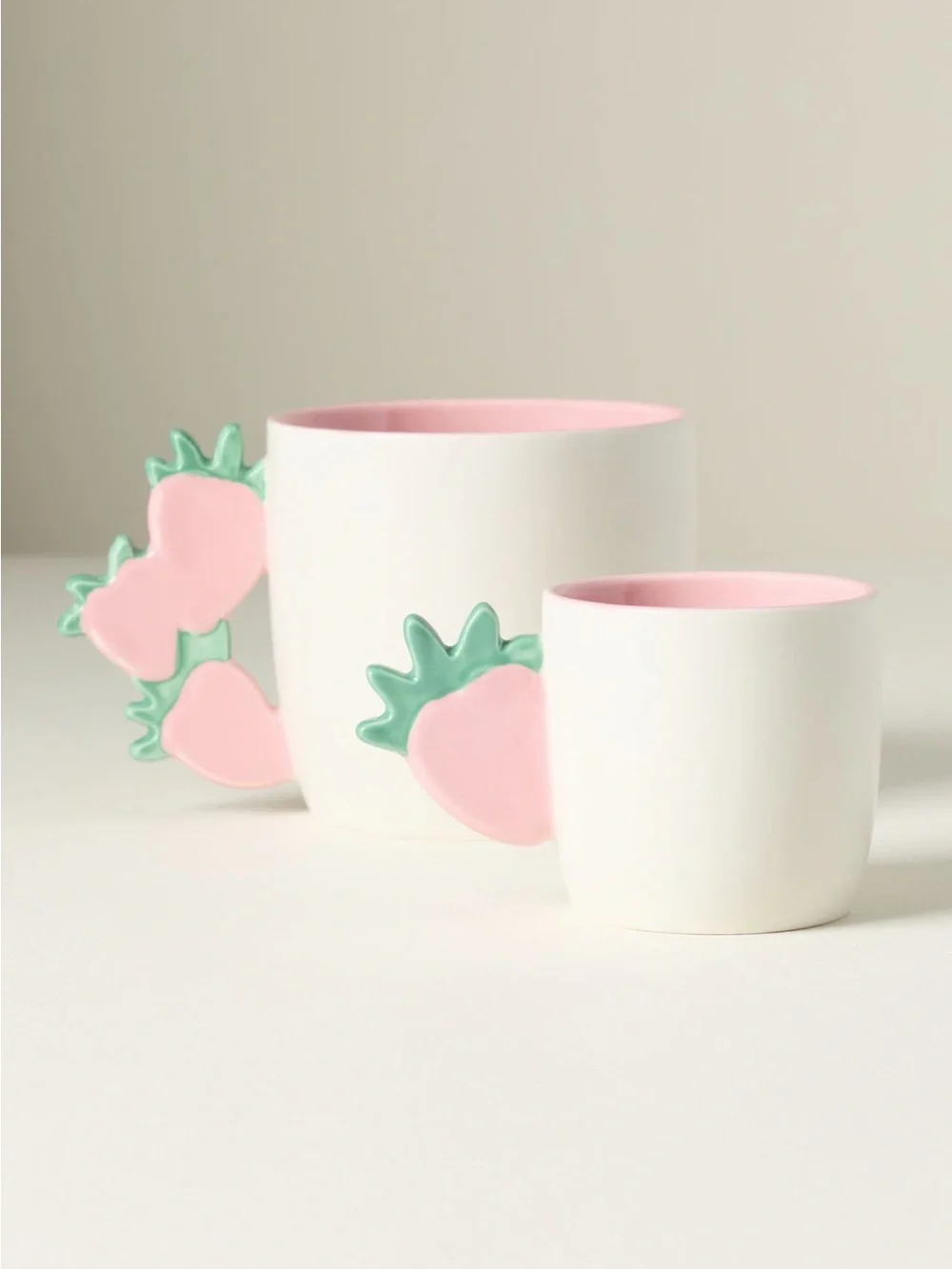 Anthropologie Skylar Stoneware Mug Pink & Green Strawberry Ceramic Cup Set